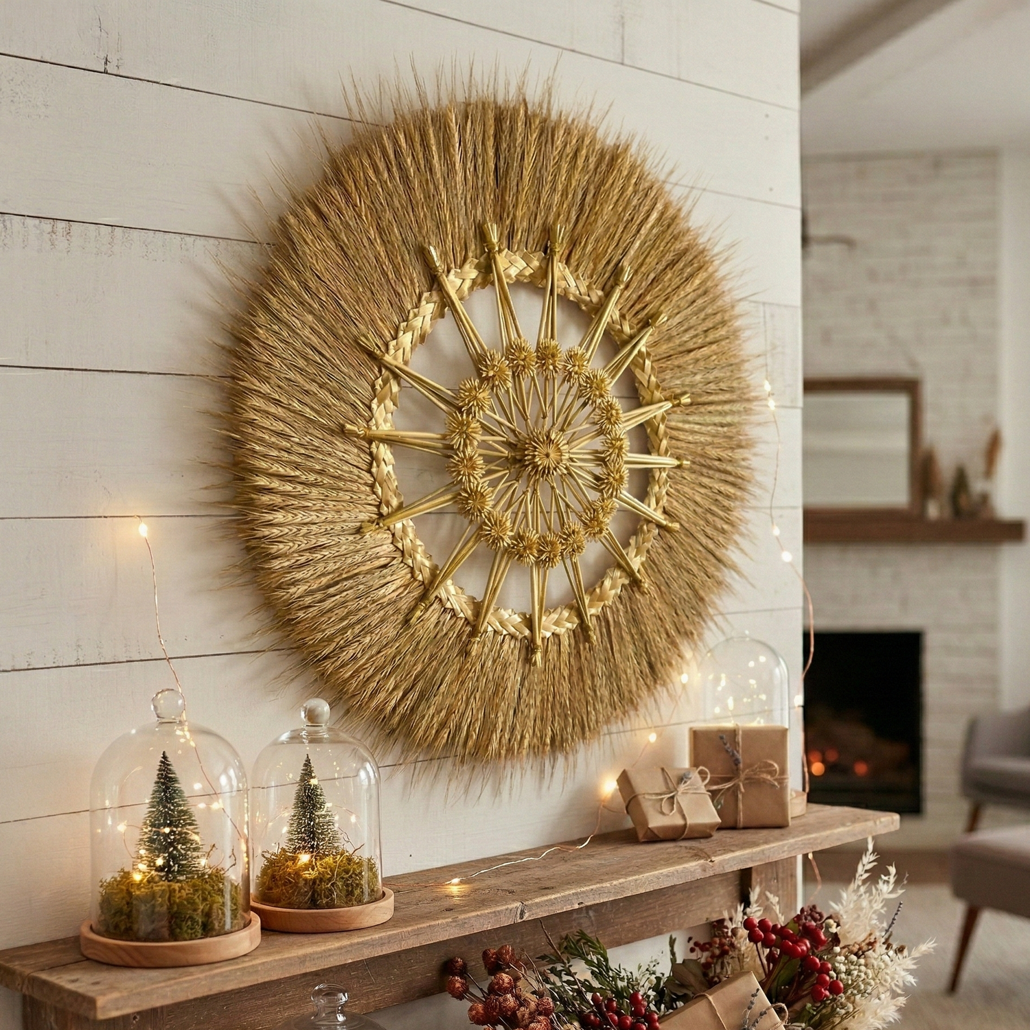 Christmas decor collection with handmade straw ornaments and natural flax and dried wheat bouquets by DRIED & DEAR, perfect rustic farmhouse holiday home styling.