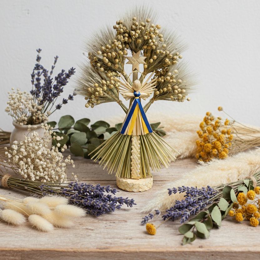 Handmade seasonal straw ornaments with dried wheat by DRIED & DEAR, natural farmhouse Christmas and Easter decor