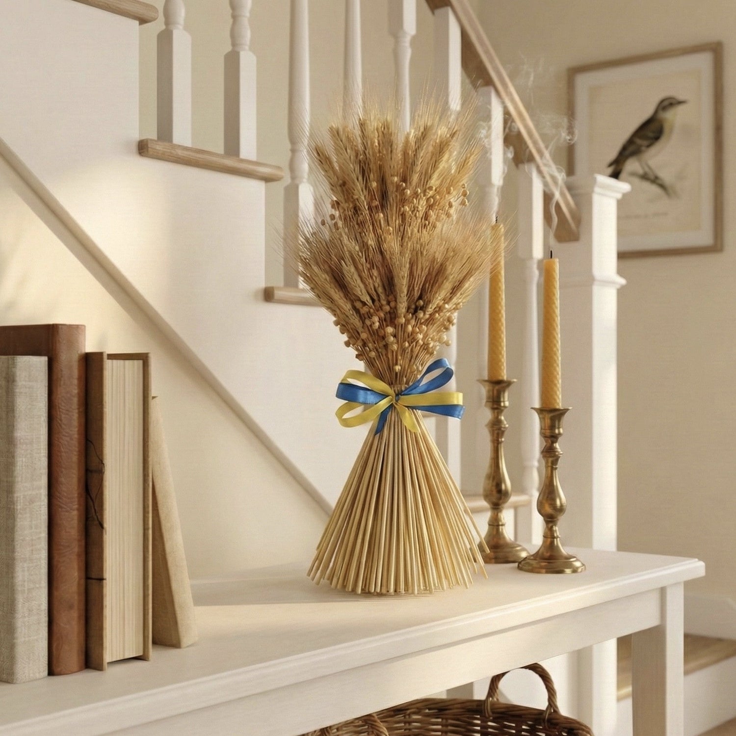 Home decor collection with handmade straw crafts and natural flax and dried wheat bouquets by DRIED & DEAR, perfect rustic farmhouse and boho home styling.