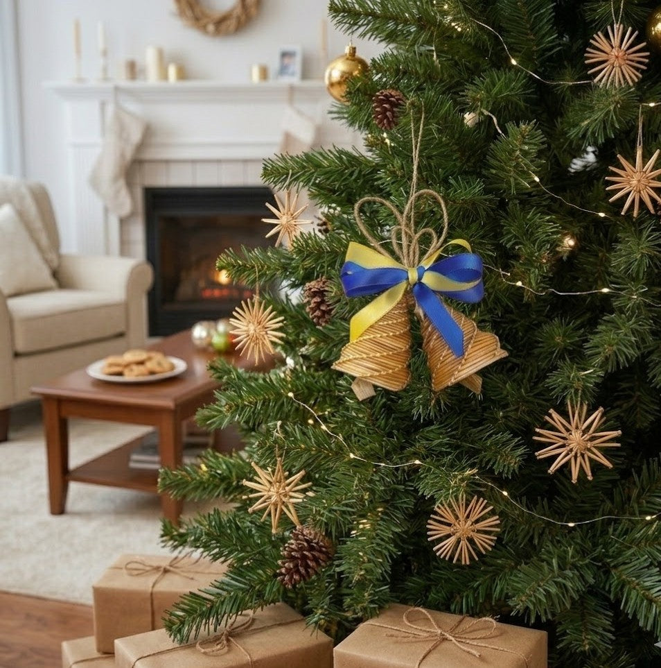 Handmade straw bells hanging ornament blue yellow ribbon Ukrainian folk Christmas decor
