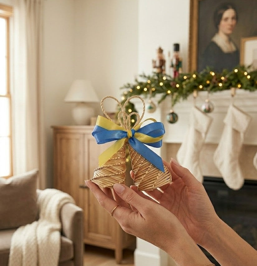 Handwoven straw bells holiday ornament natural eco friendly Christmas tree decor