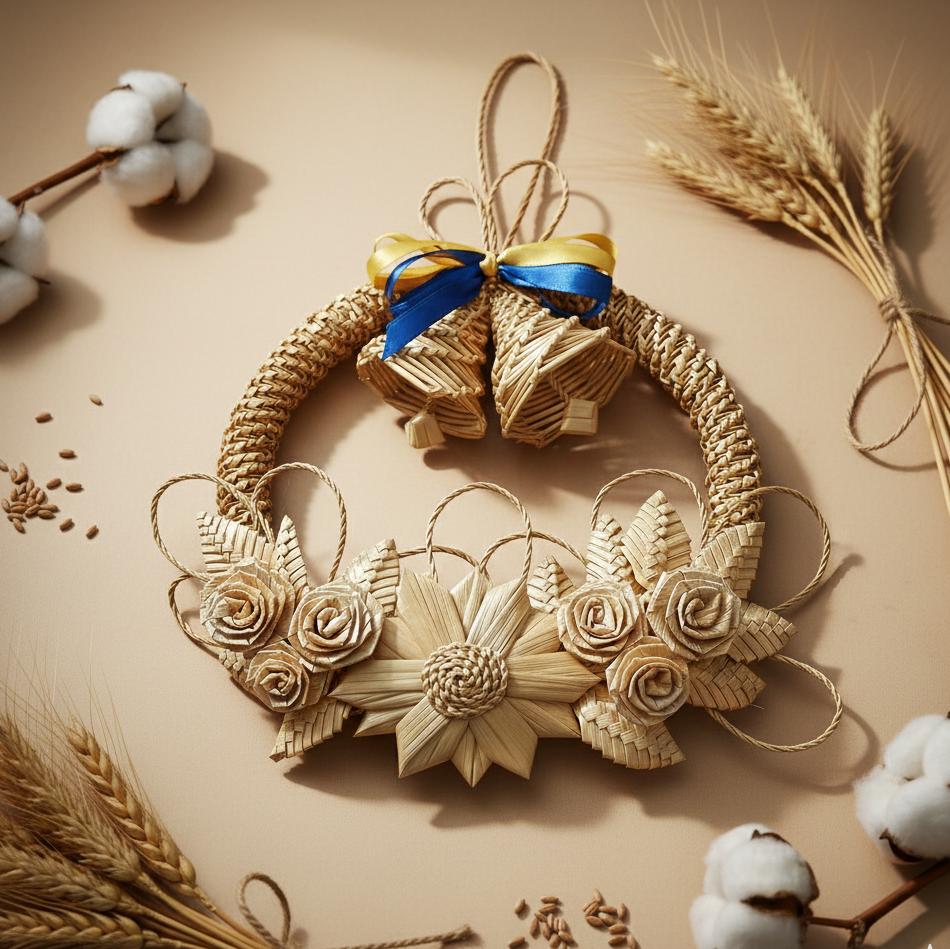 farmhouse Christmas wreath with straw bells neutral home decor