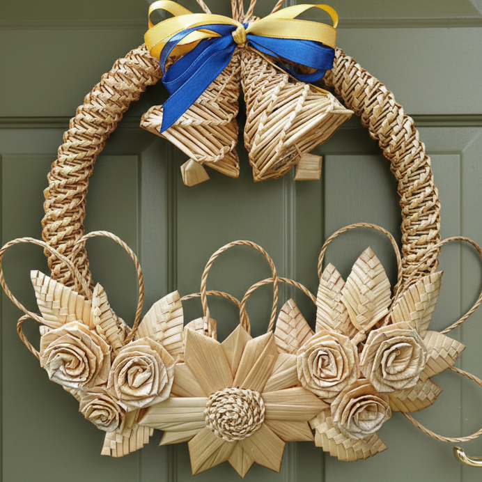 dried wheat wreath with straw bells farmhouse Christmas decor
