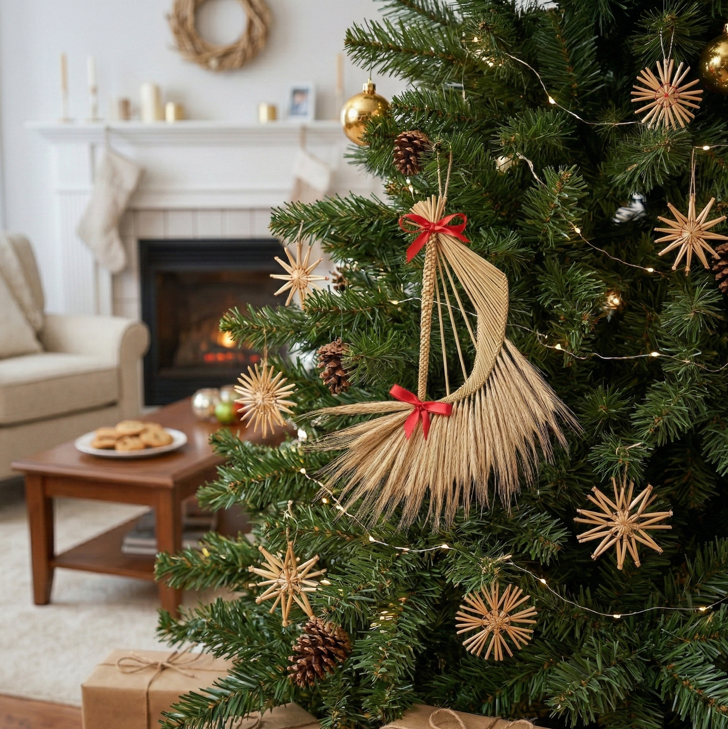 Artisan straw harp decoration displayed on holiday wreath