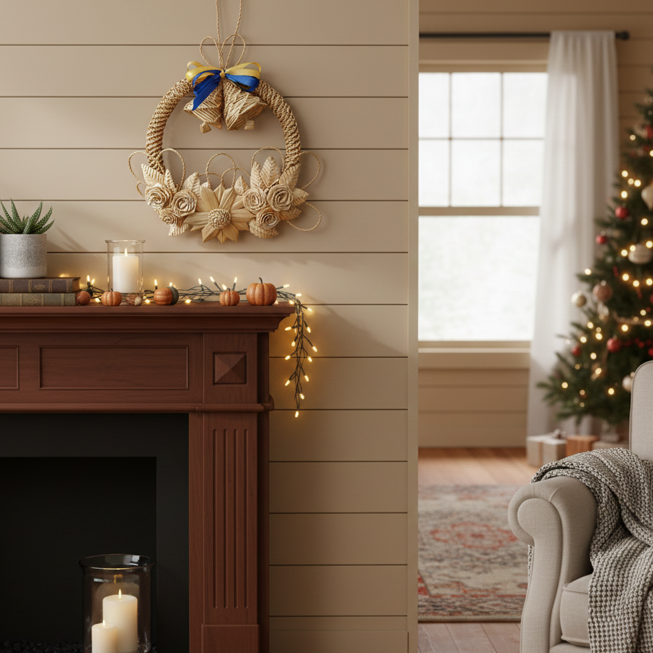 dried wheat wreath with straw bells farmhouse Christmas decor