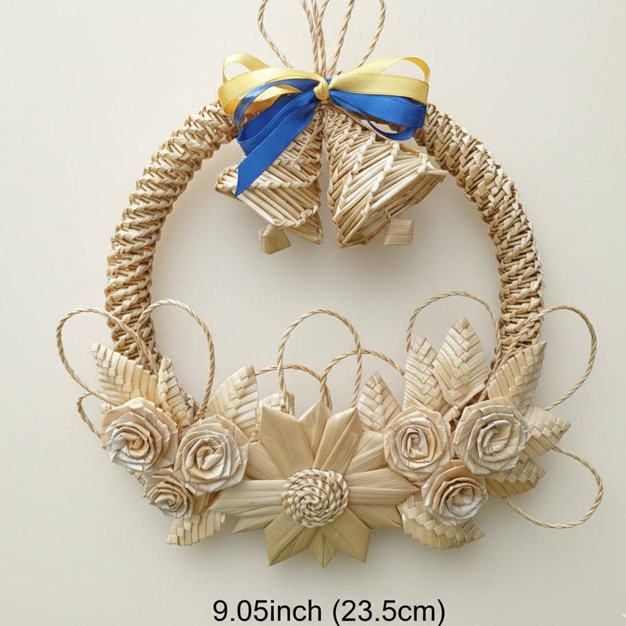 farmhouse Christmas wreath with straw bells neutral home decor