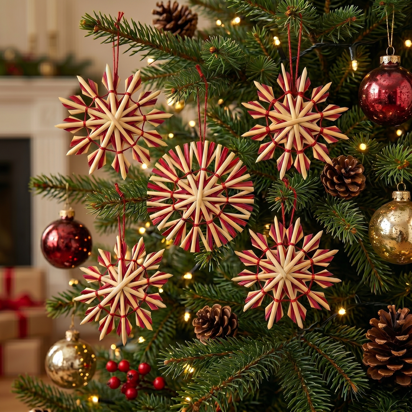 natural wheat straw christmas snowflakes set of five