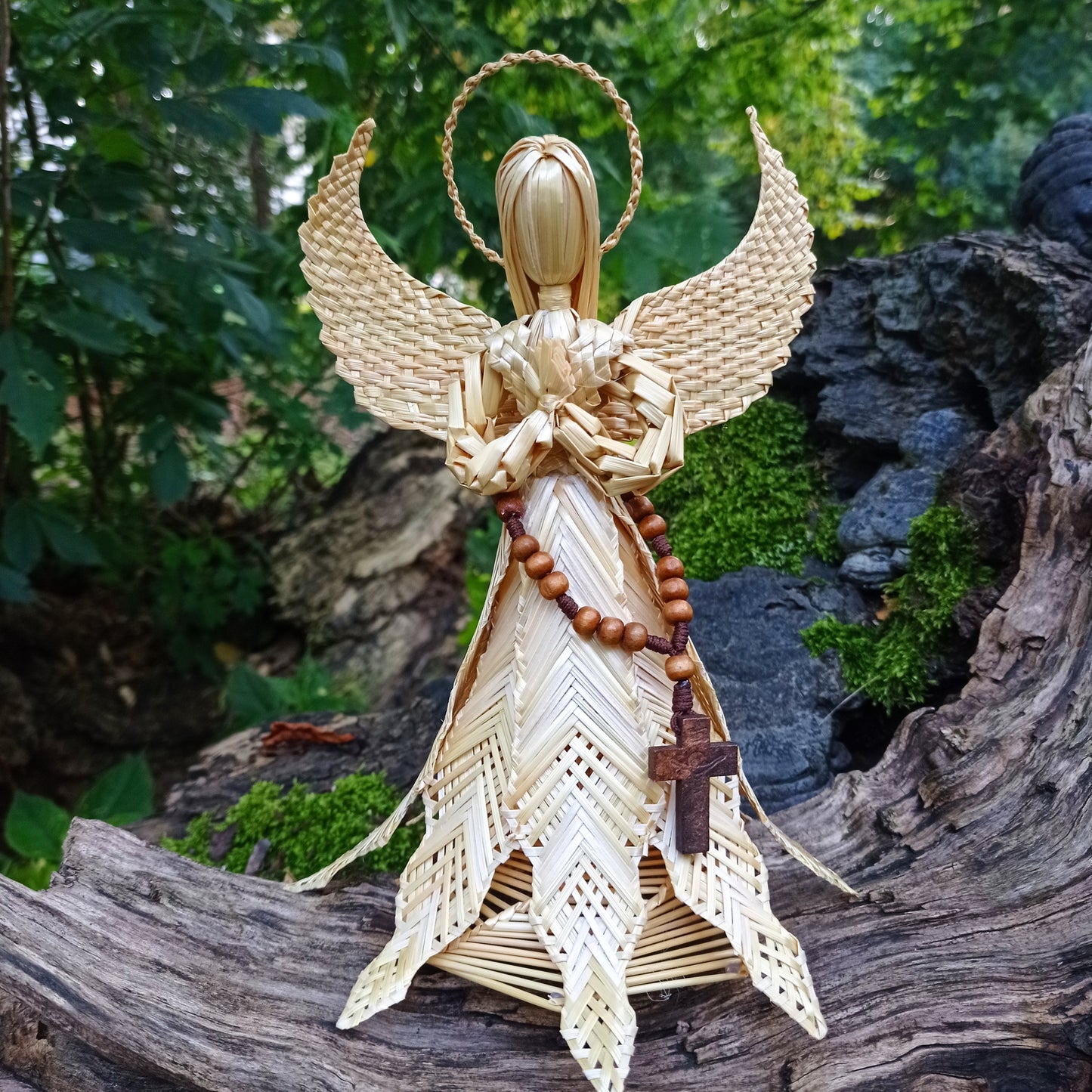 Handmade prayer straw angel with wooden rosary, standing Christmas decoration and mini tree topper made from natural wheat straw