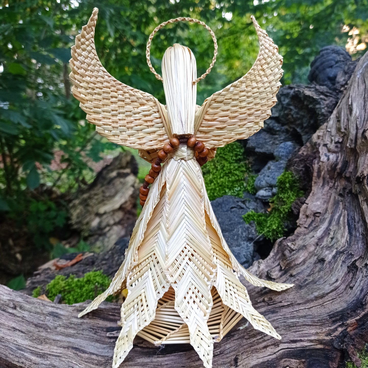 Natural wheat straw angel with rosary, handmade Christmas tree topper and tabletop ornament