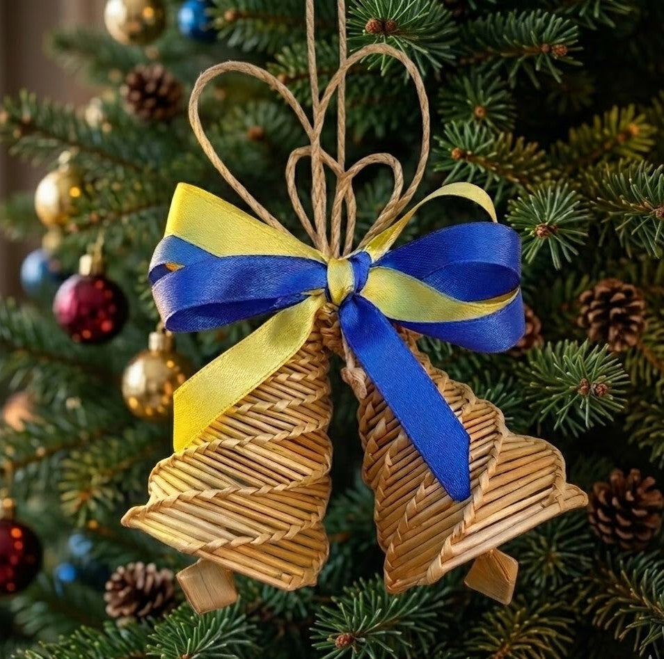 Handwoven straw bells ornament with blue and yellow ribbon Ukrainian Christmas decoration natural wheat straw holiday decor