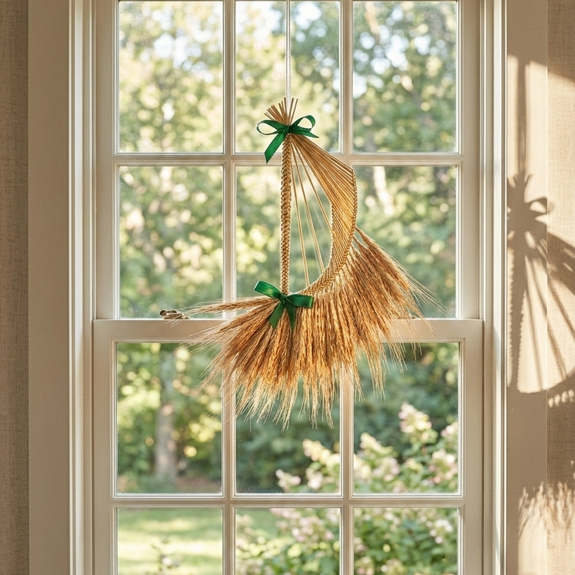 Handmade straw Celtic harp ornament with red ribbon holiday decor