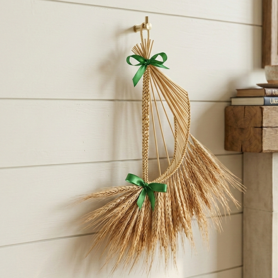 Irish wheat weaving harp decoration on rustic wooden background