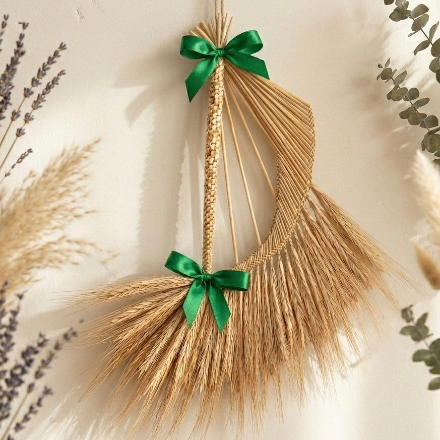 Handmade straw Celtic harp ornament hanging on Christmas tree with satin ribbon