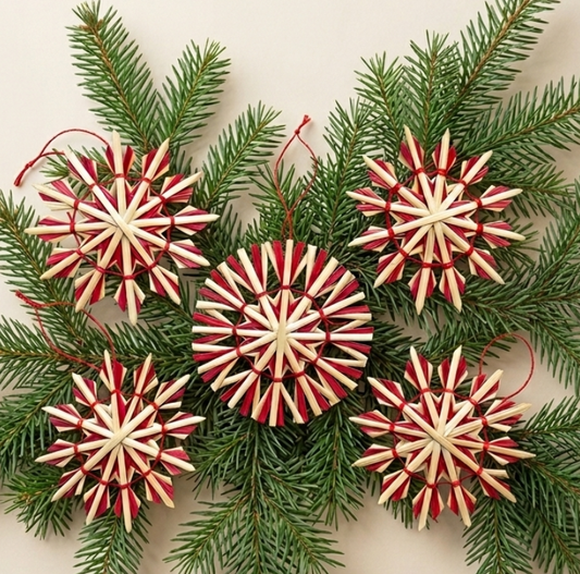 red straw snowflake ornaments handmade scandinavian christmas decor
